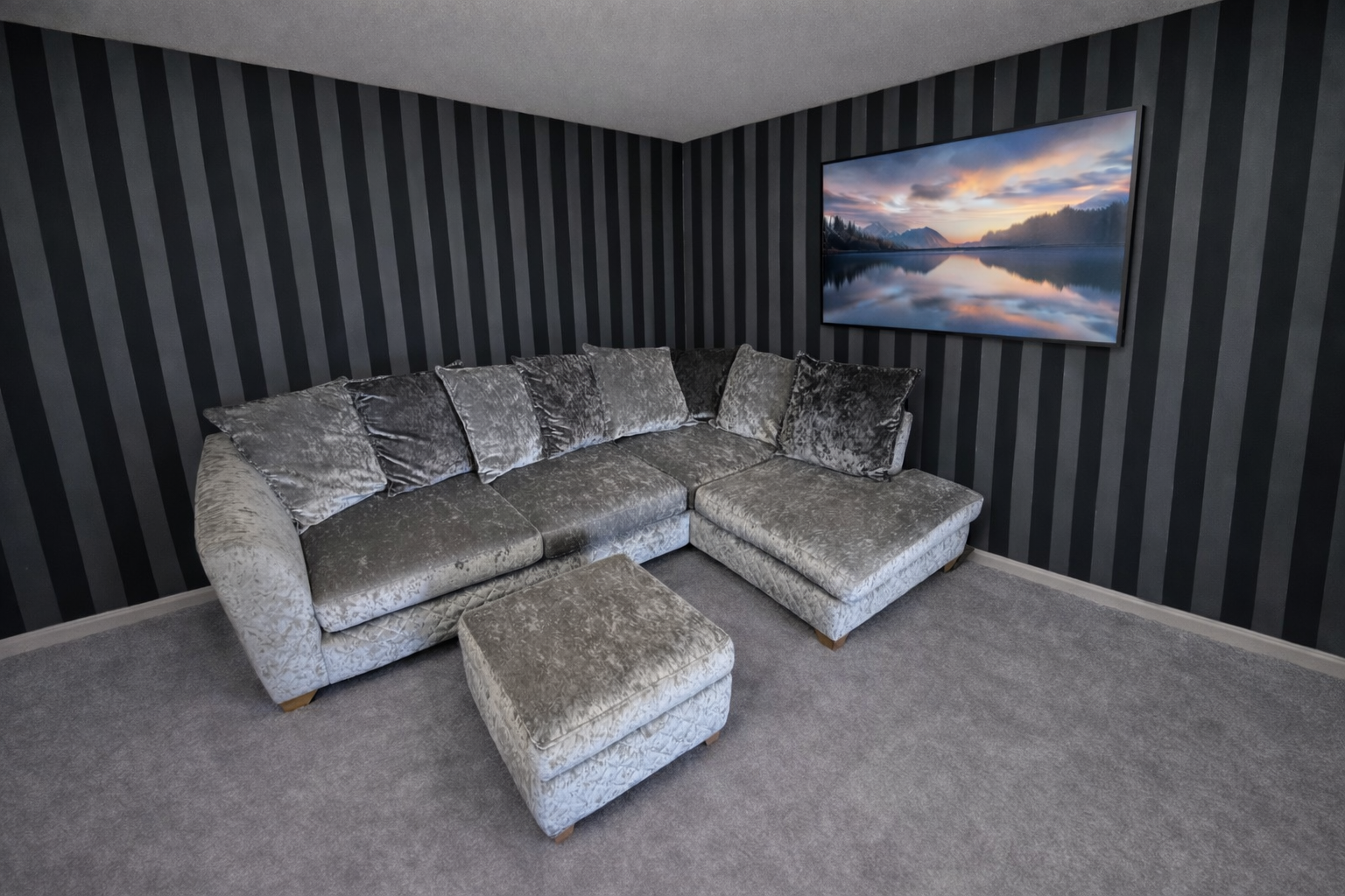 Large DFS Orka Grey/silver Crushed Velvet Corner Sofa