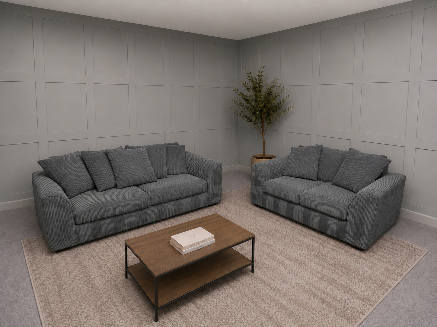 Grey Cord 3/2 Seater Sofa Set