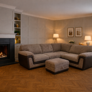 Large DFS Brown Cord Corner Sofa with Footstool