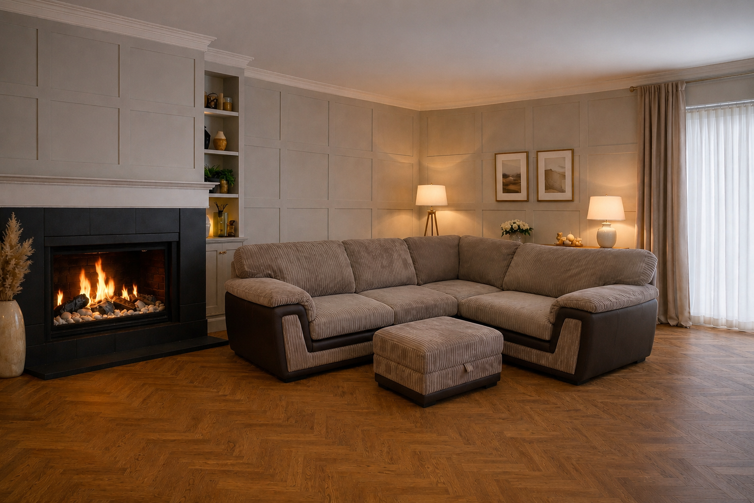 Large DFS Brown Cord Corner Sofa with Footstool
