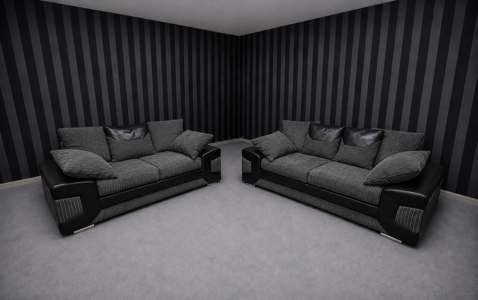 Grey/black Cord 3/2 Seater Sofa Set